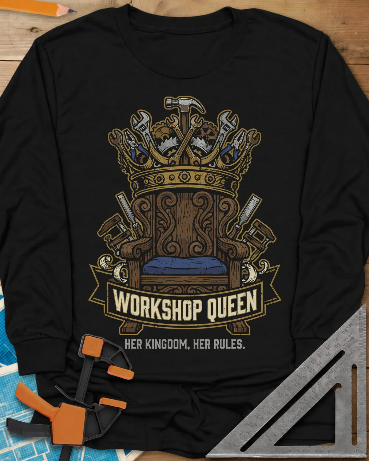 Workshop Queen long sleeve shirt in Black, a carved wooden throne under a crown made of tools