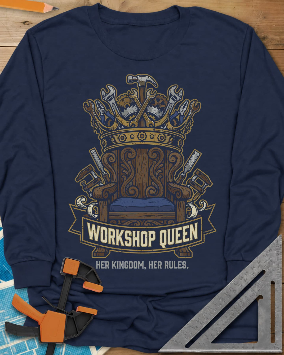 Workshop Queen long sleeve shirt in Navy, a carved wooden throne under a crown made of tools