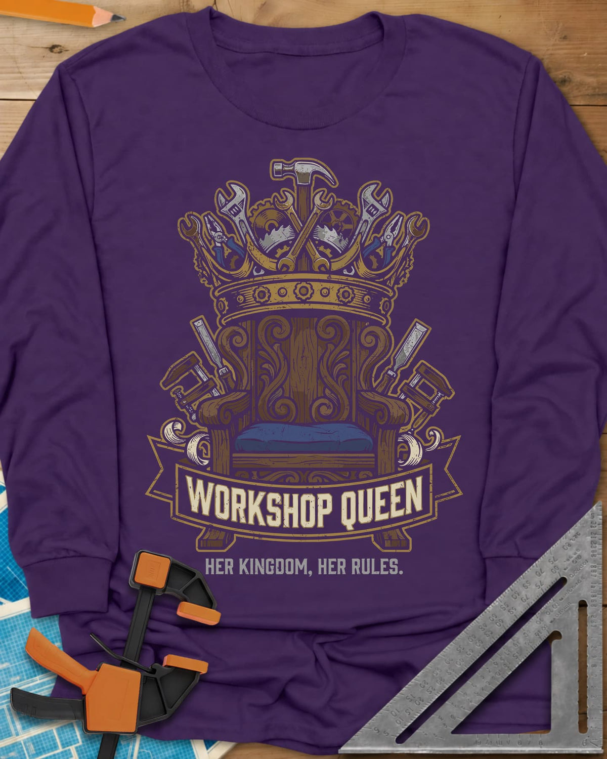 Workshop Queen long sleeve shirt in Purple, a carved wooden throne under a crown made of tools