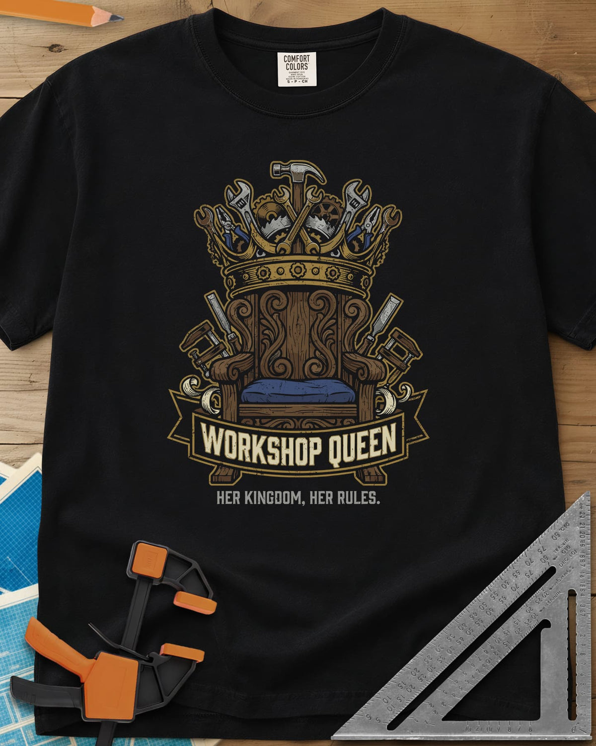 Workshop Queen heavyweight tee in Black, a carved wooden throne under a crown made of tools