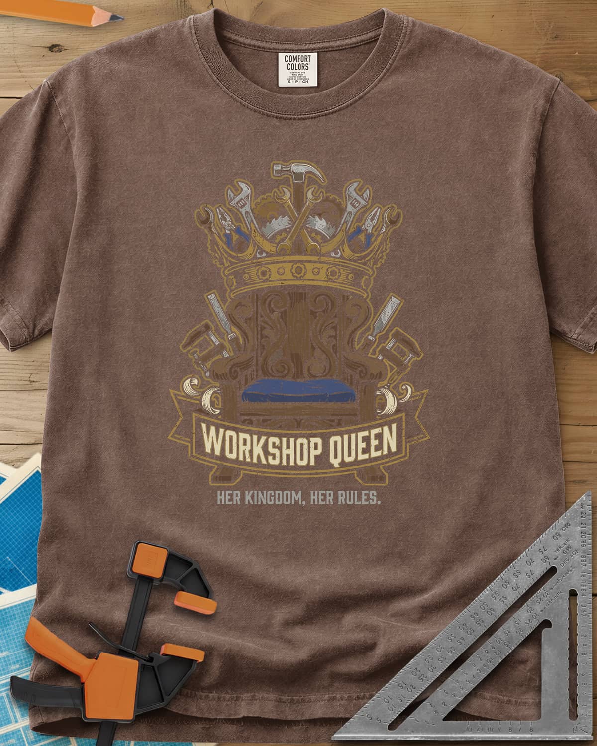 Workshop Queen heavyweight tee in Espresso, a carved wooden throne under a crown made of tools