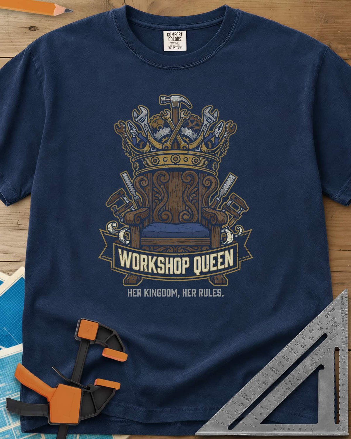 Workshop Queen heavyweight tee in Navy, a carved wooden throne under a crown made of tools