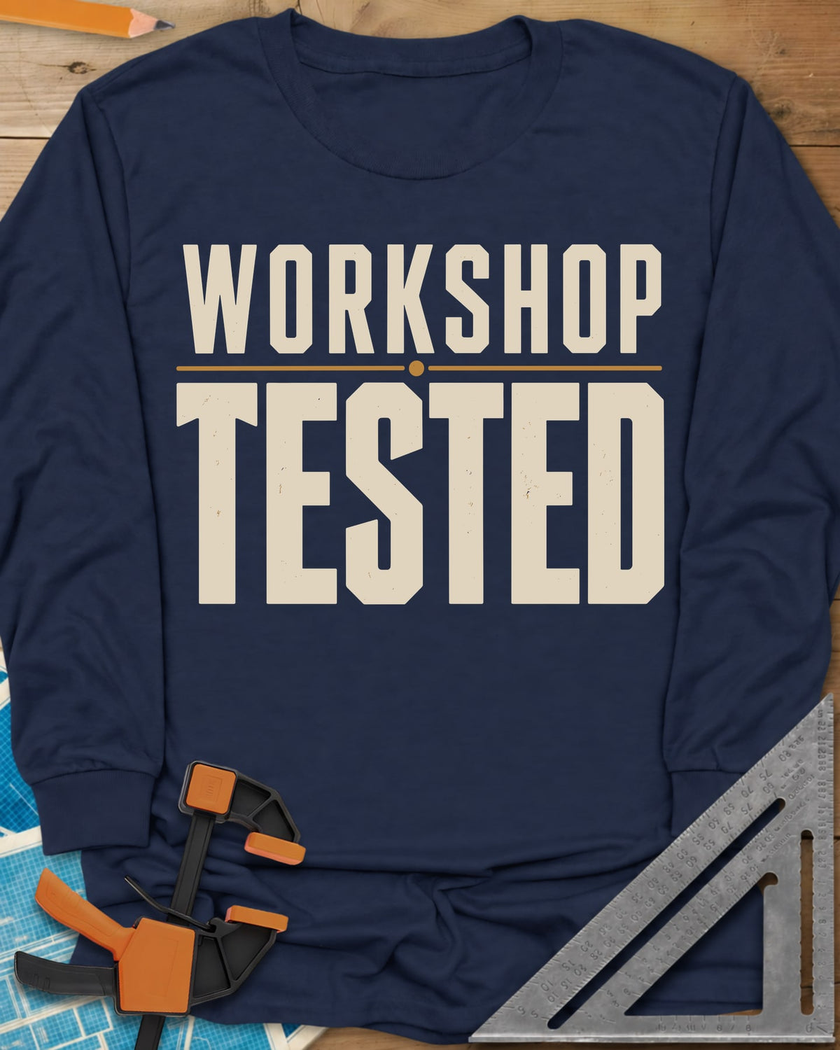 Workshop Tested long sleeve shirt in Navy, bold block lettering with a thin gold rule, no graphics