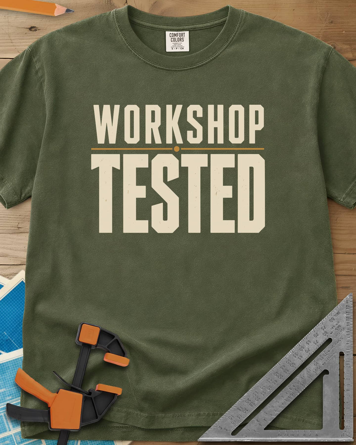 Workshop Tested heavyweight tee in Hemp, bold block lettering with a thin gold rule, no graphics