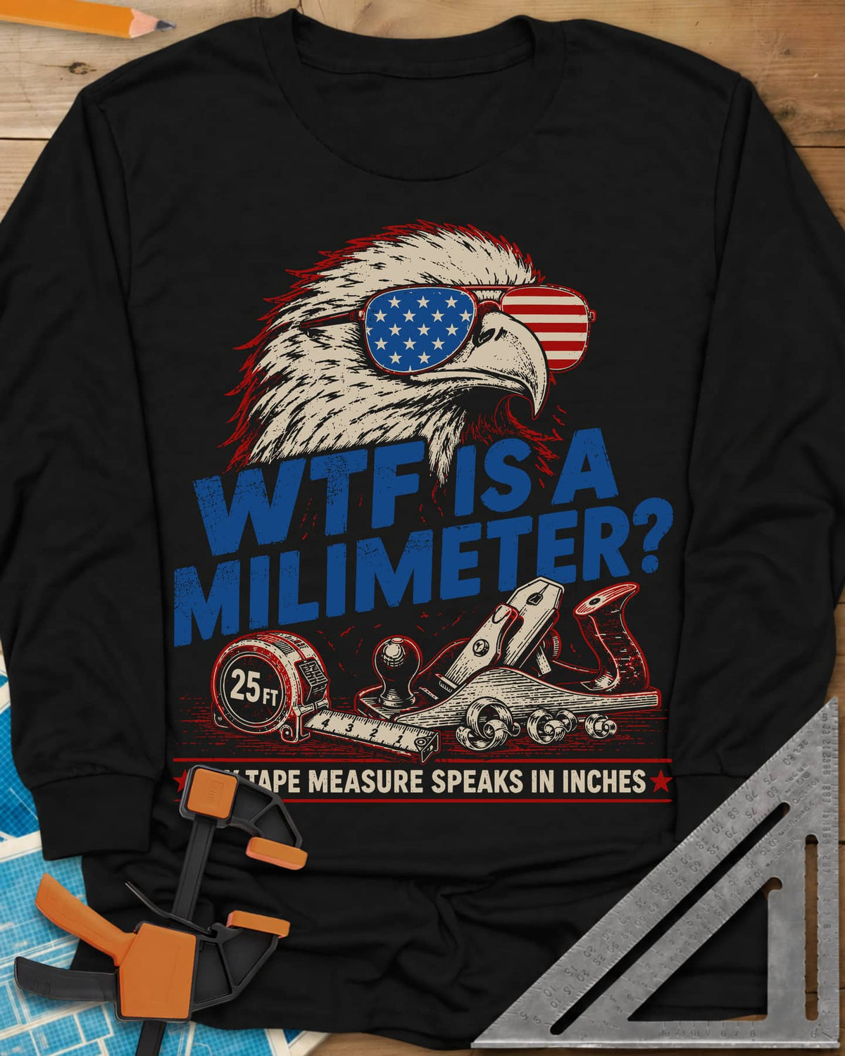 WTF Is A Millimeter long sleeve shirt in Black, an eagle in flag sunglasses above a hand plane and 25 ft tape