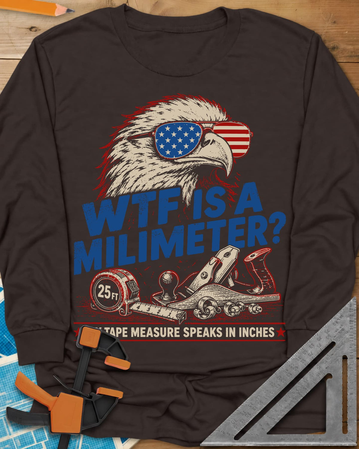 WTF Is A Millimeter long sleeve shirt in Dark Chocolate, an eagle in flag sunglasses above a hand plane and 25 ft tape