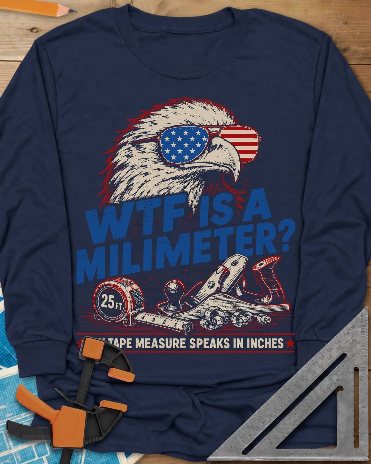 WTF Is A Millimeter long sleeve shirt in Navy, an eagle in flag sunglasses above a hand plane and 25 ft tape