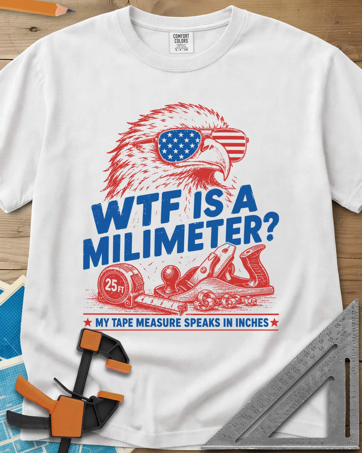WTF Is A Millimeter heavyweight tee in White, an eagle in flag sunglasses above a hand plane and 25 ft tape