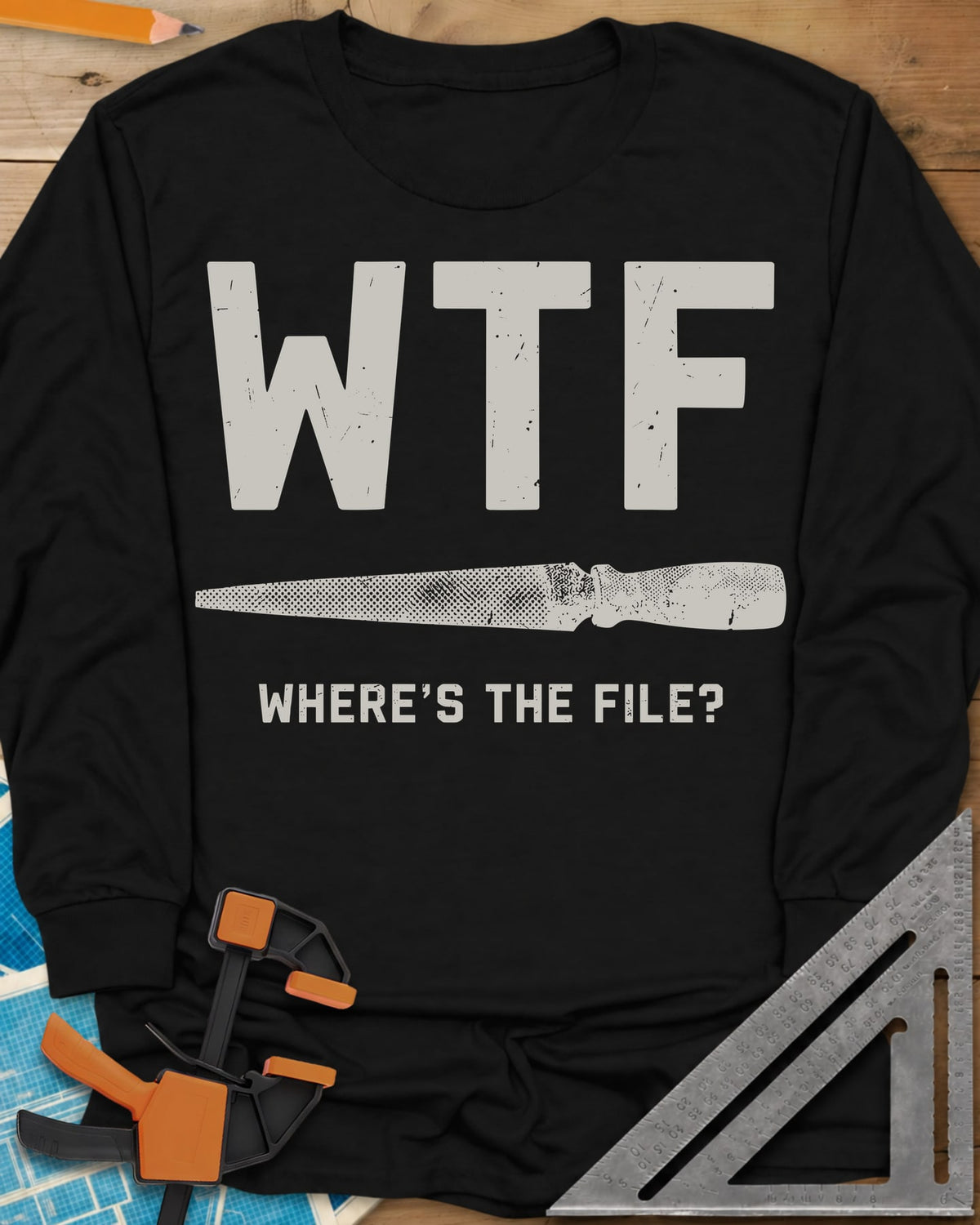 WTF long sleeve shirt in Black, huge WTF letters over a drawn metal file
