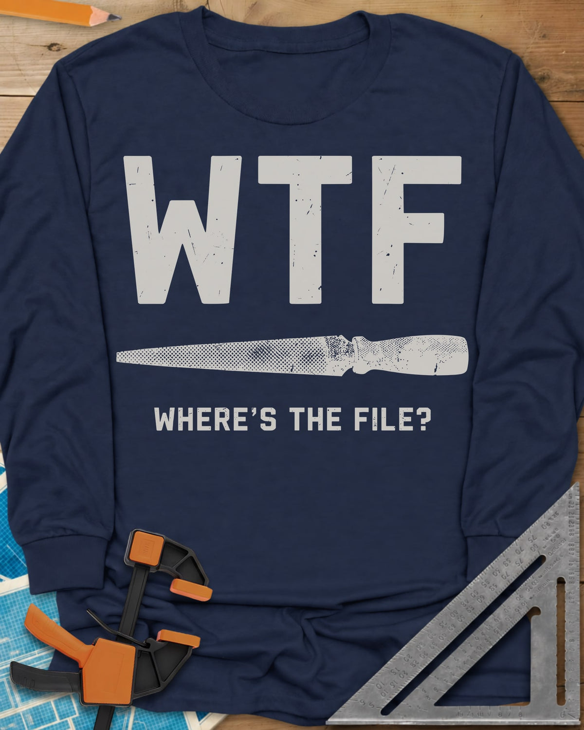 WTF long sleeve shirt in Navy, huge WTF letters over a drawn metal file
