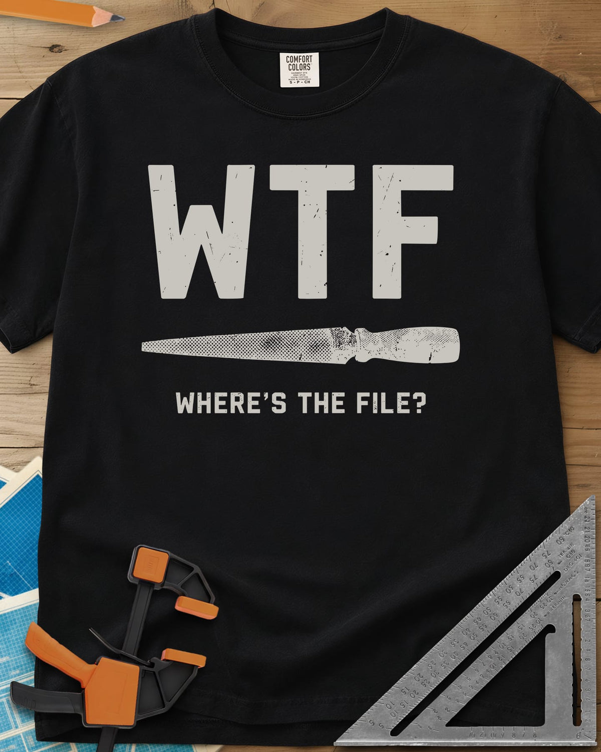 WTF heavyweight tee in Black, huge WTF letters over a drawn metal file