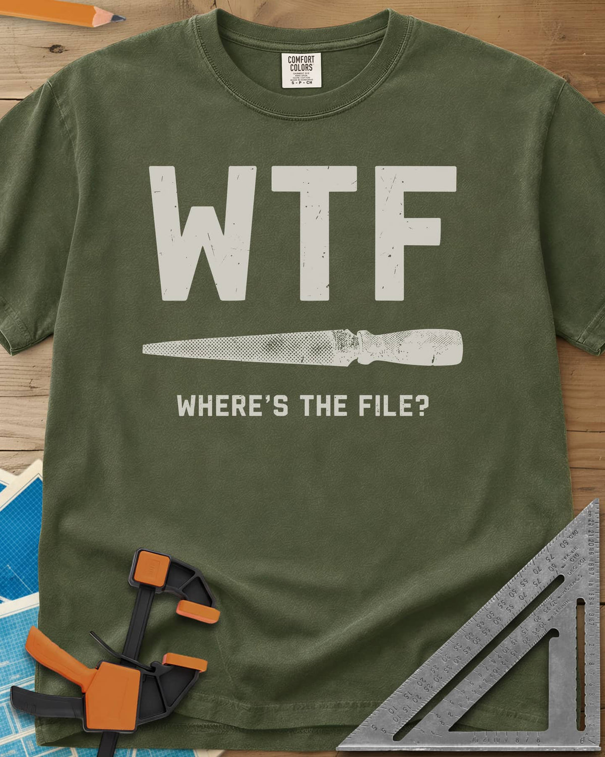WTF heavyweight tee in Hemp, huge WTF letters over a drawn metal file