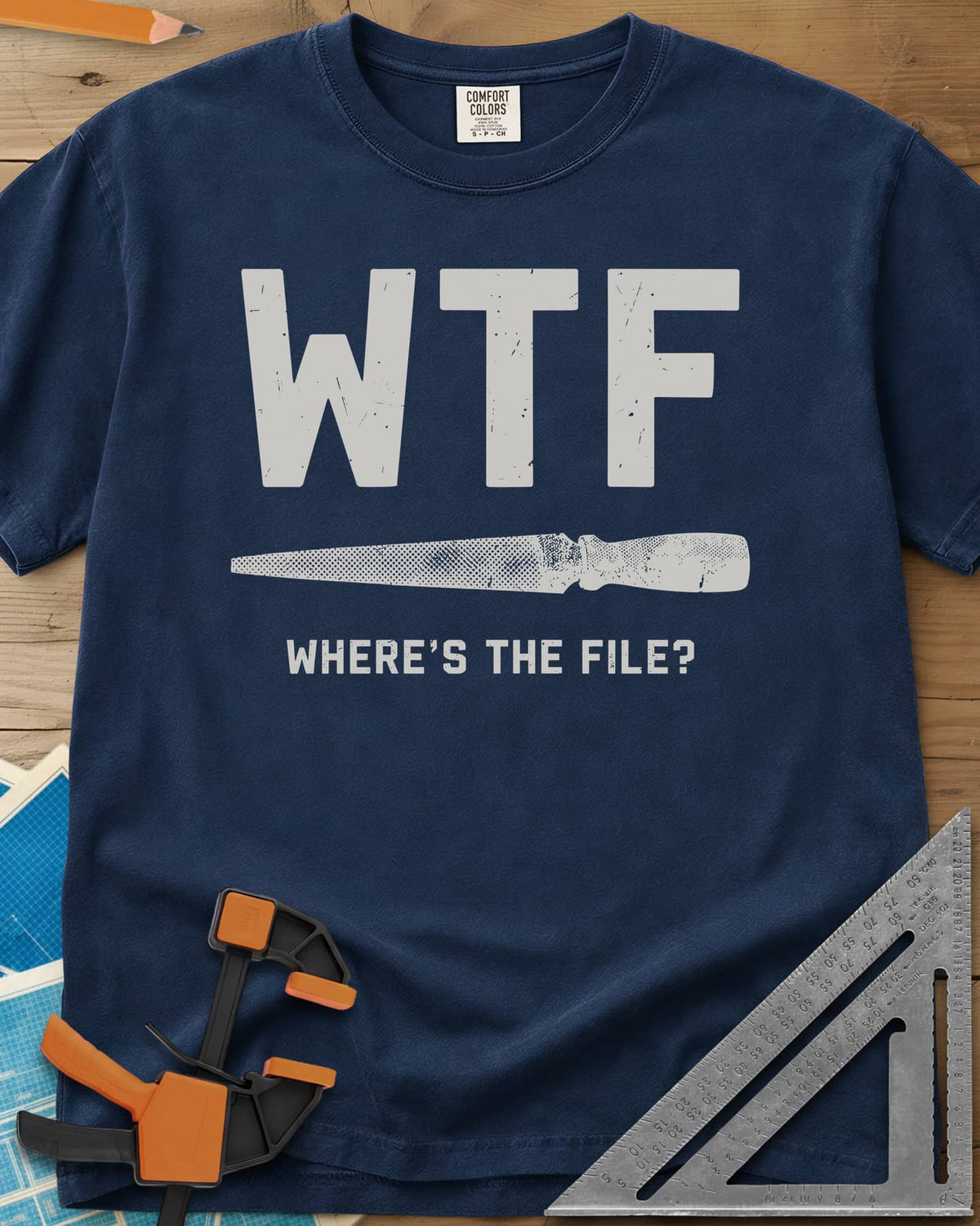 WTF heavyweight tee in Navy, huge WTF letters over a drawn metal file