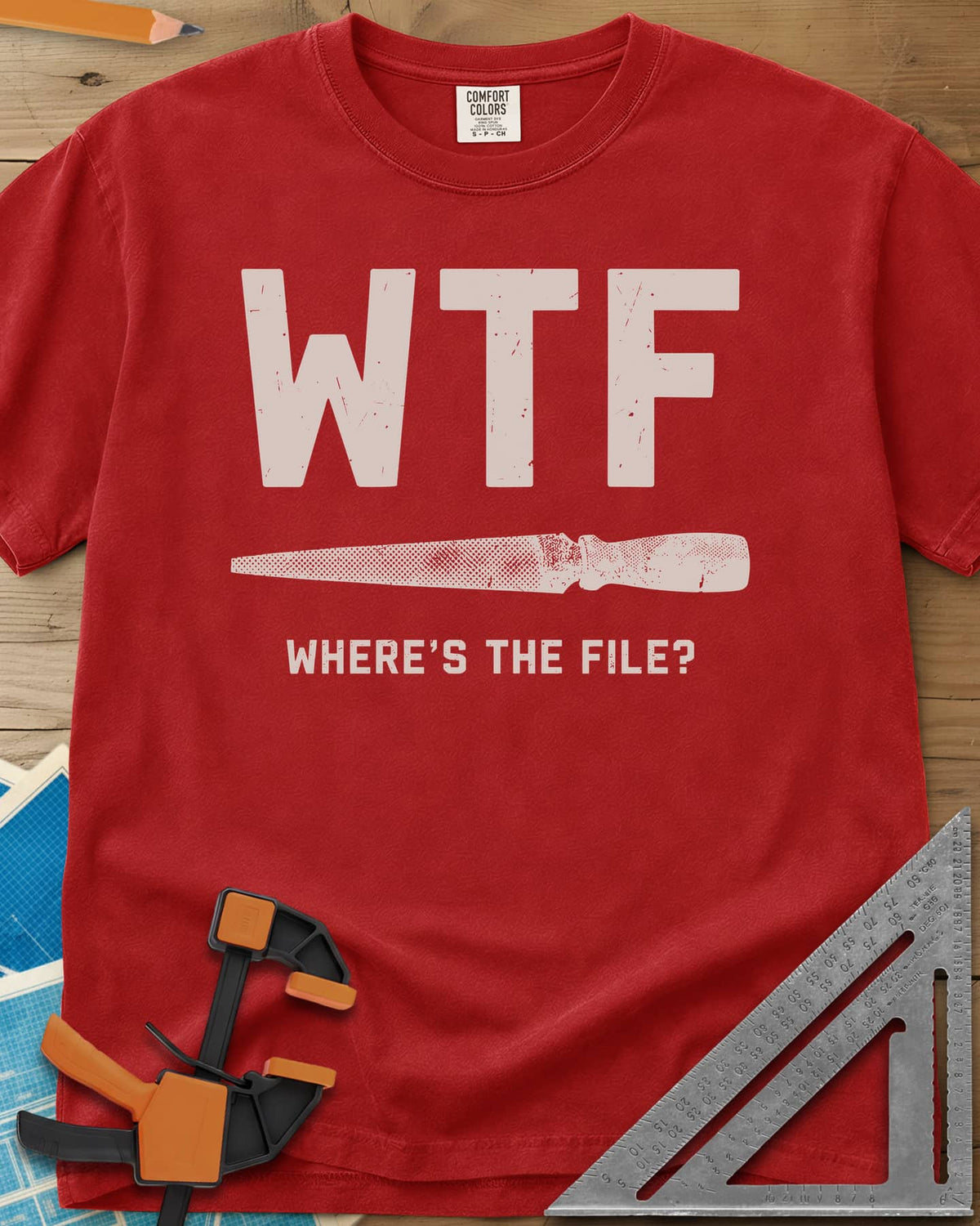 WTF heavyweight tee in Red, huge WTF letters over a drawn metal file