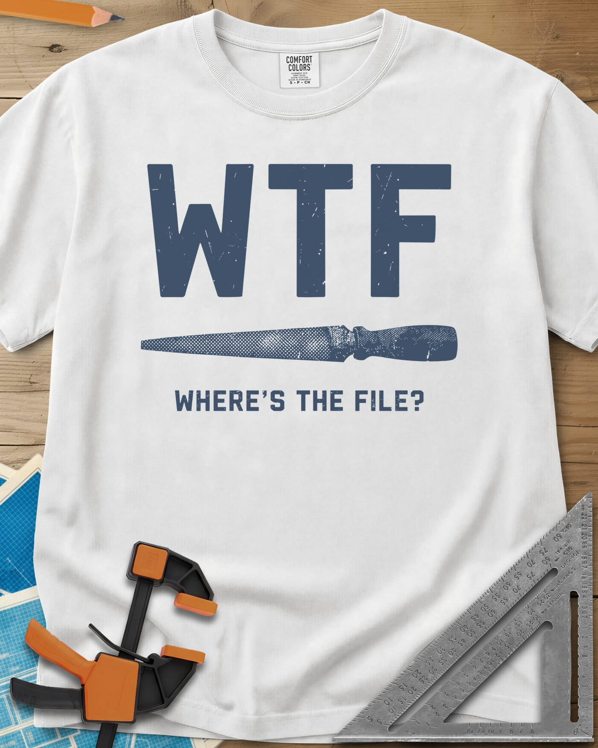 WTF heavyweight tee in White, huge WTF letters over a drawn metal file