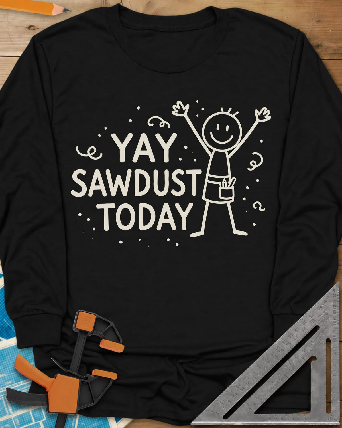 Yay Sawdust Today long sleeve shirt in Black, a cheering stick figure with a pencil-filled tool pouch