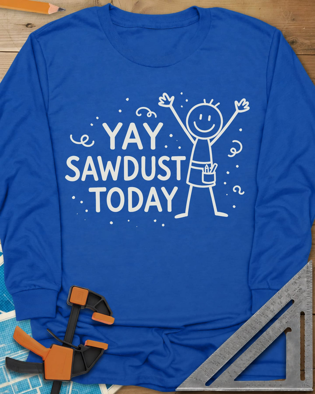 Yay Sawdust Today long sleeve shirt in Royal, a cheering stick figure with a pencil-filled tool pouch