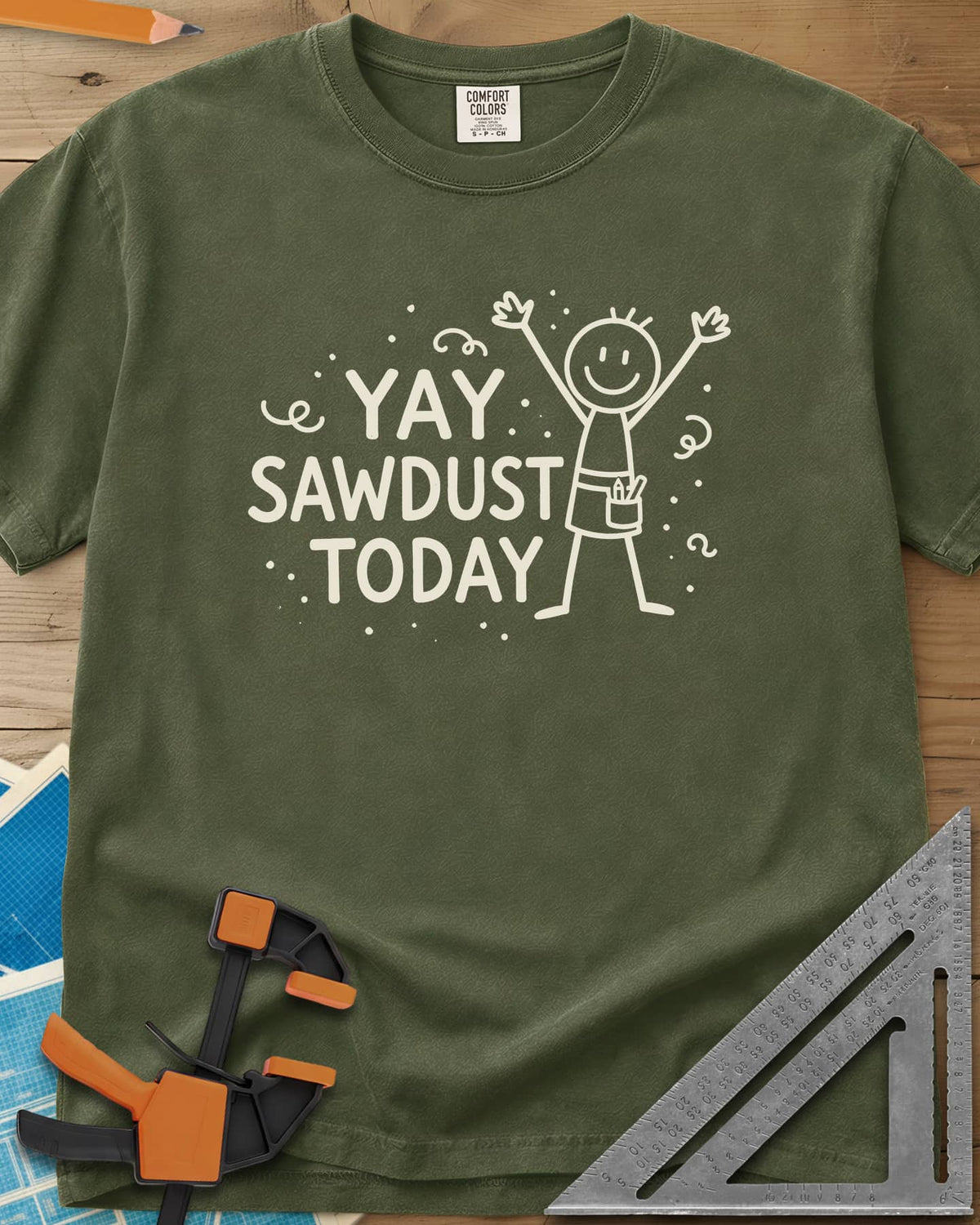 Yay Sawdust Today heavyweight tee in Hemp, a cheering stick figure with a pencil-filled tool pouch