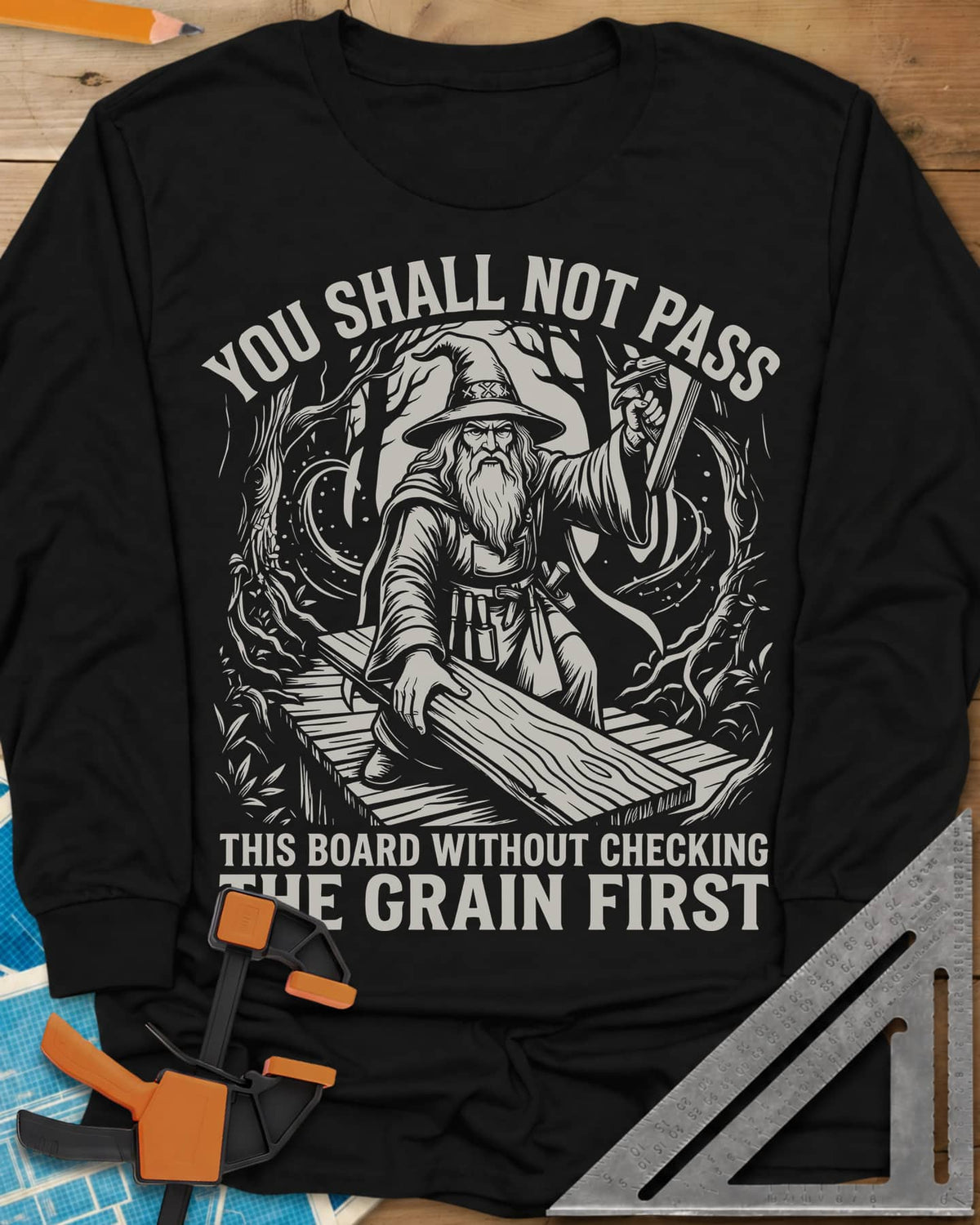 You Shall Not Pass Grain Check Woodworking long sleeve shirt in Black, a bearded wizard in a pointed hat blocking a plank