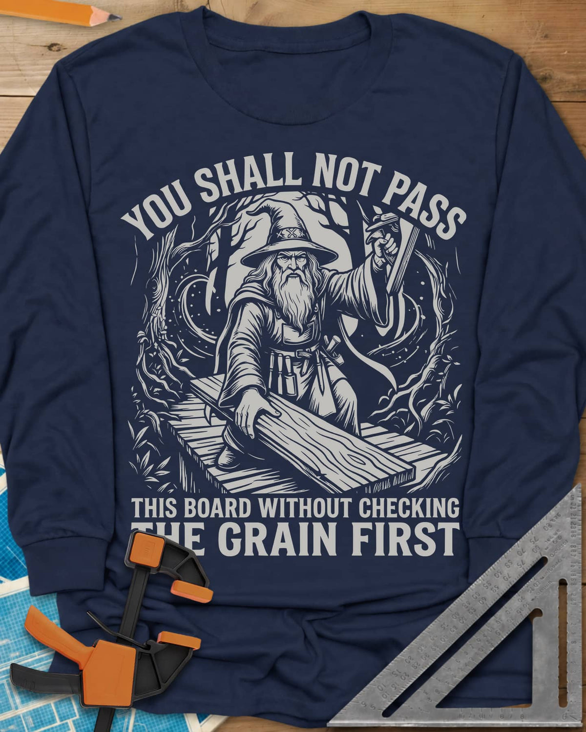 You Shall Not Pass Grain Check Woodworking long sleeve shirt in Navy, a bearded wizard in a pointed hat blocking a plank