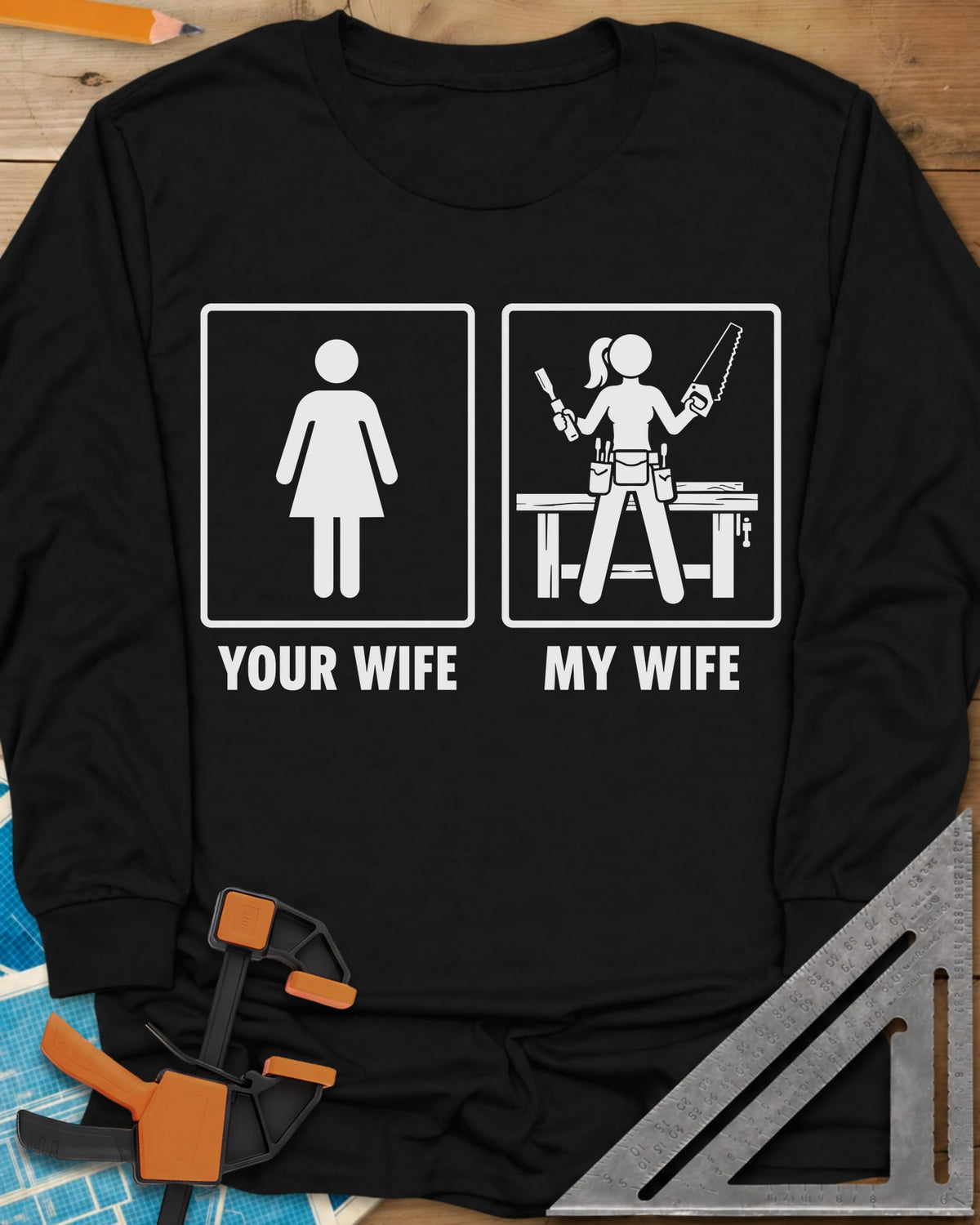 Your Wife My Wife long sleeve shirt in Black, two framed icons, a plain figure and a woman with saw and chisel