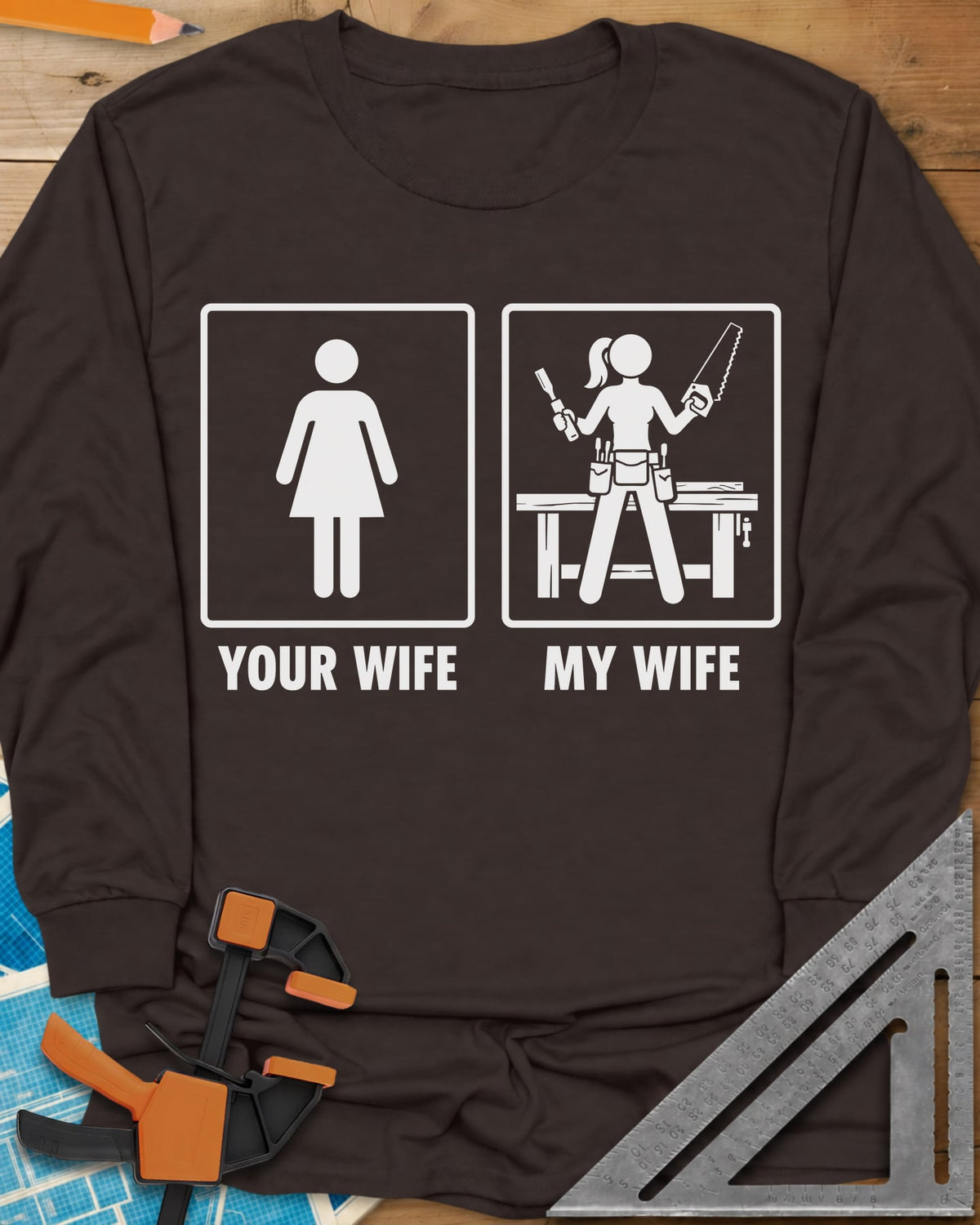Your Wife My Wife long sleeve shirt in Dark Chocolate, two framed icons, a plain figure and a woman with saw and chisel