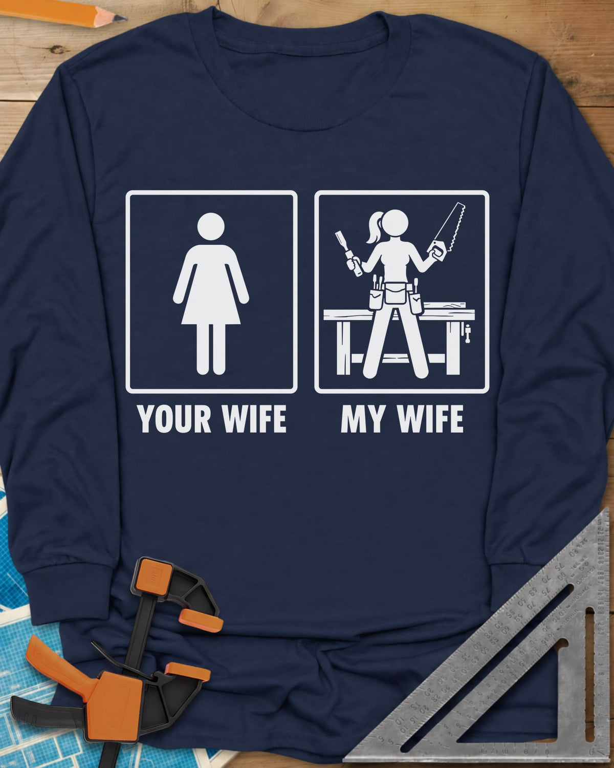 Your Wife My Wife long sleeve shirt in Navy, two framed icons, a plain figure and a woman with saw and chisel