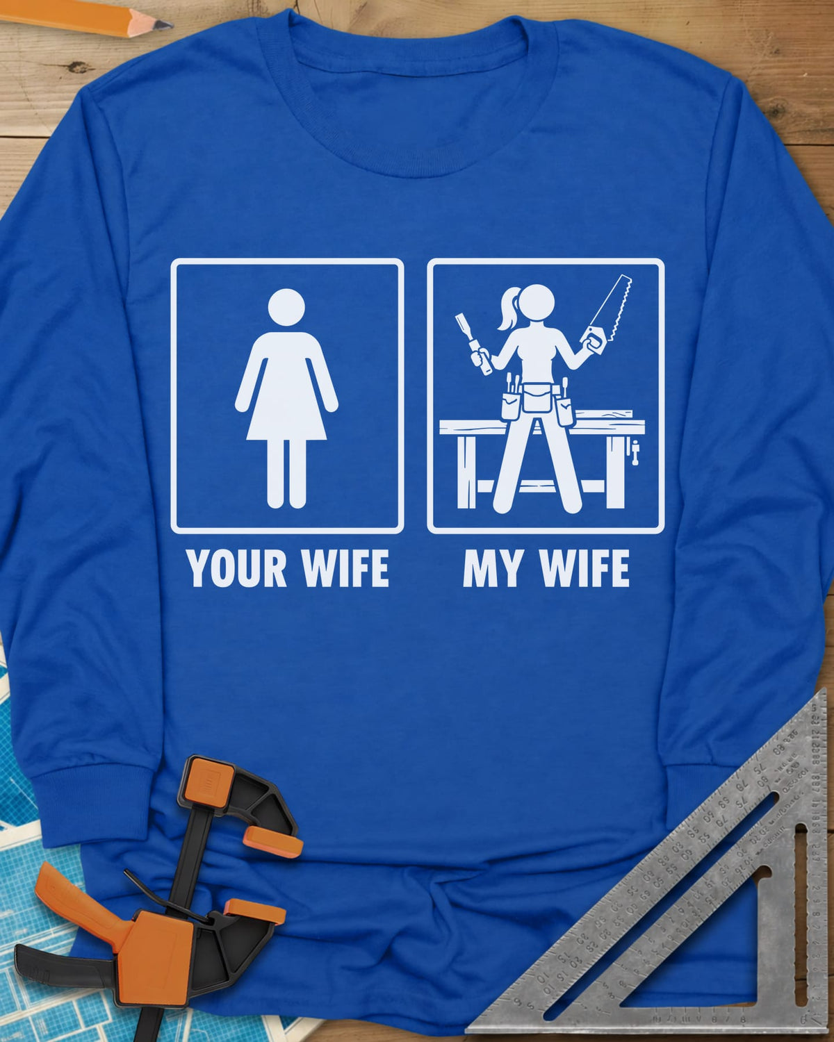 Your Wife My Wife long sleeve shirt in Royal, two framed icons, a plain figure and a woman with saw and chisel