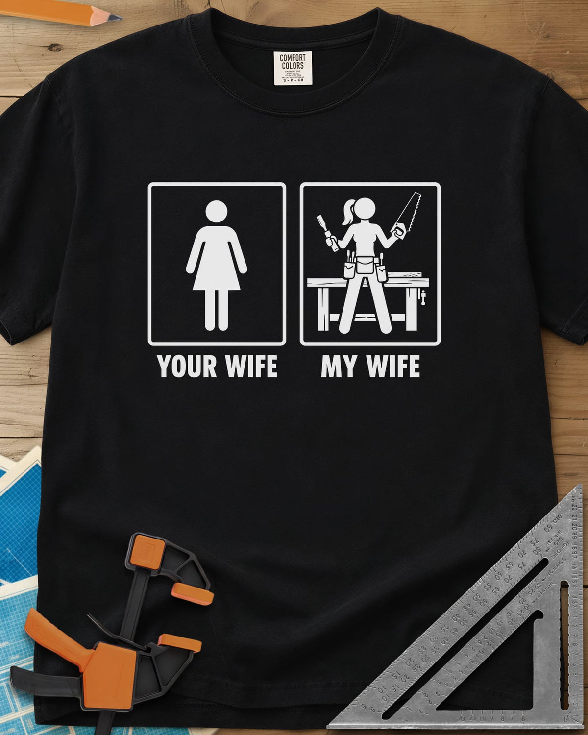Your Wife My Wife heavyweight tee in Black, two framed icons, a plain figure and a woman with saw and chisel