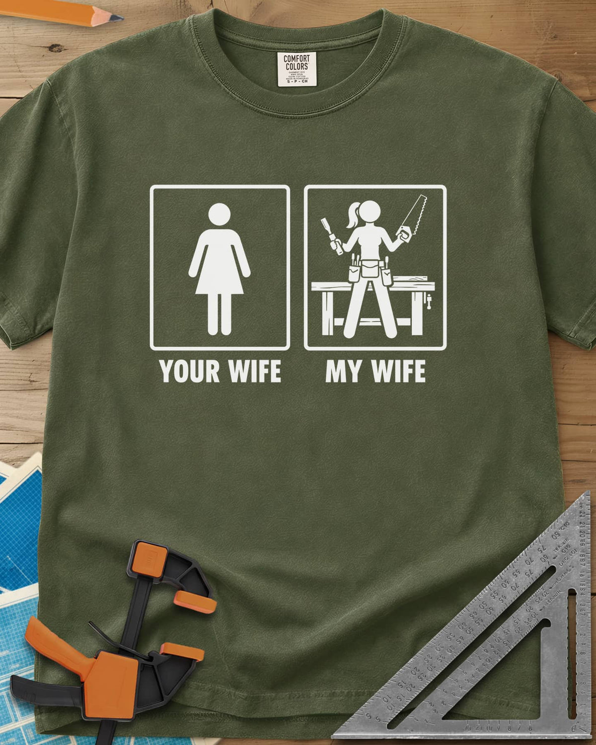 Your Wife My Wife heavyweight tee in Hemp, two framed icons, a plain figure and a woman with saw and chisel
