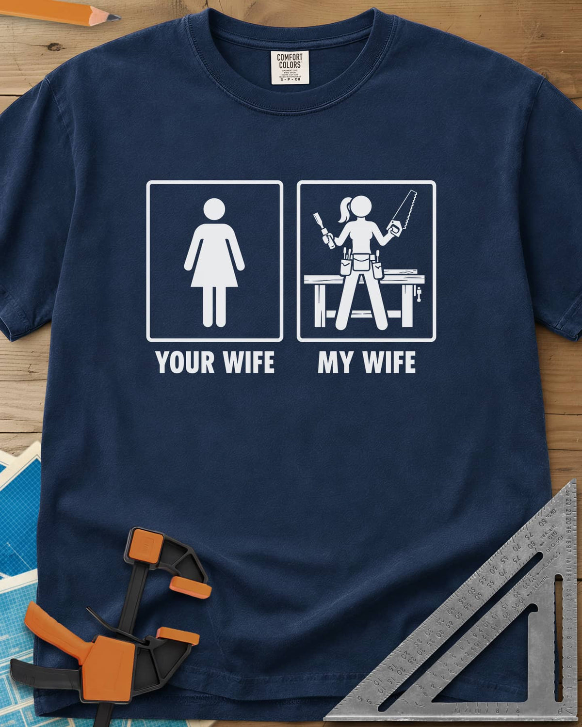 Your Wife My Wife heavyweight tee in Navy, two framed icons, a plain figure and a woman with saw and chisel