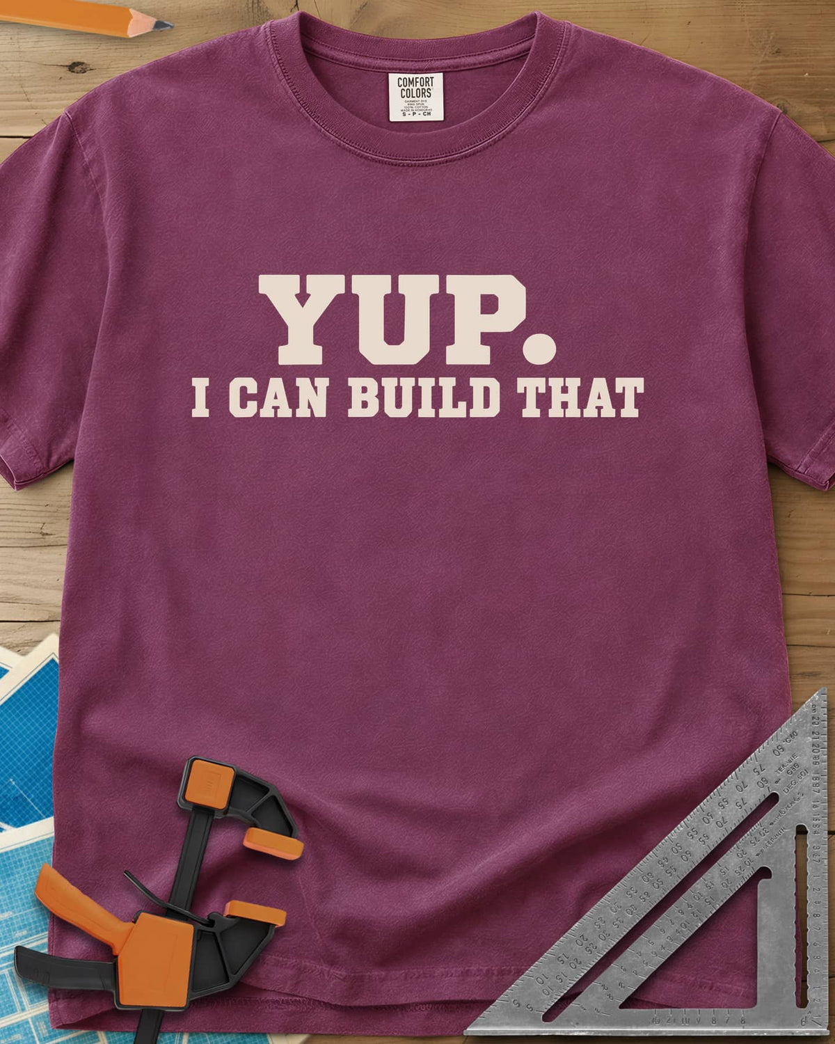 Yup Build That heavyweight tee in Berry, bold slab lettering only, with a big round period after YUP