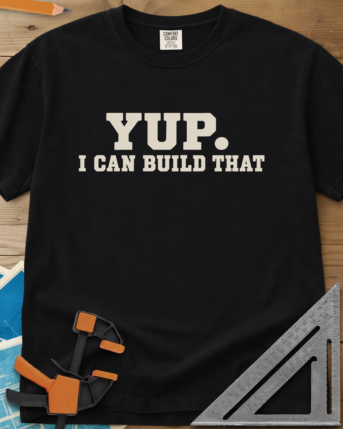 Yup Build That heavyweight tee in Black, bold slab lettering only, with a big round period after YUP