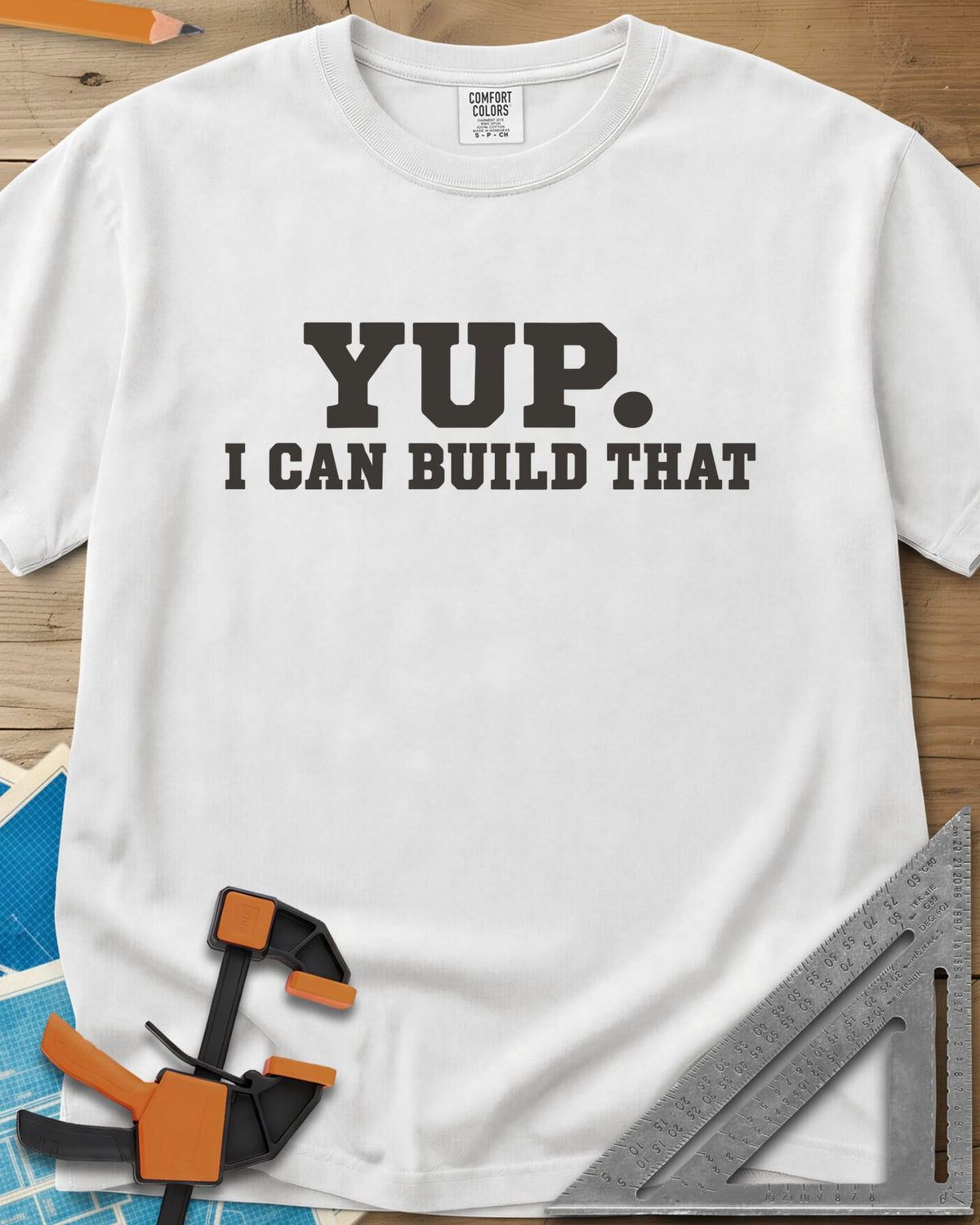 Yup Build That heavyweight tee in White, bold slab lettering only, with a big round period after YUP