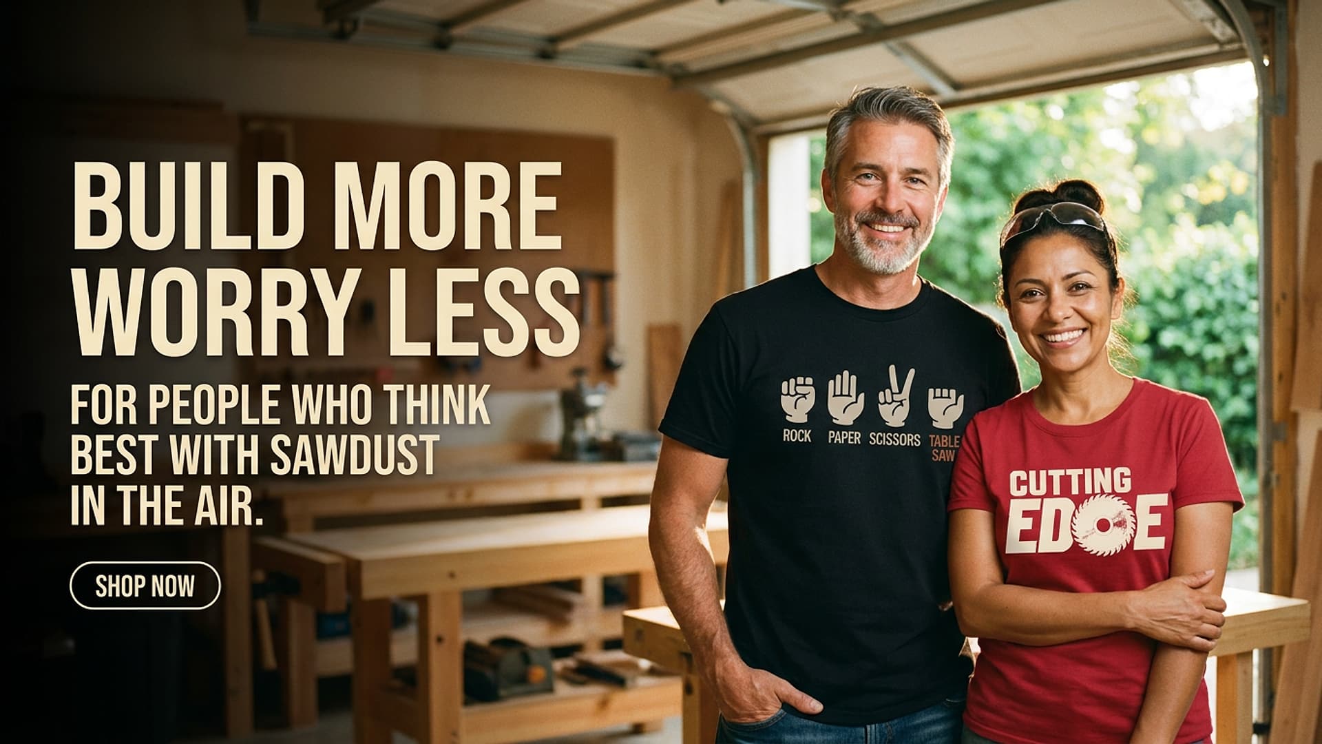 Build more, worry less — funny woodworking tees by Woodcraftees