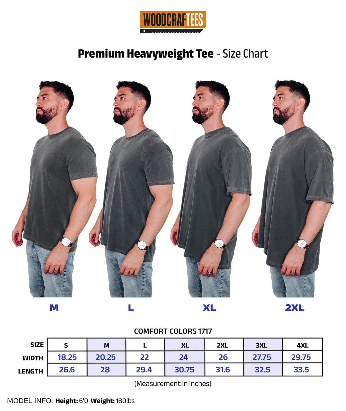 Premium Heavyweight Tee size chart
